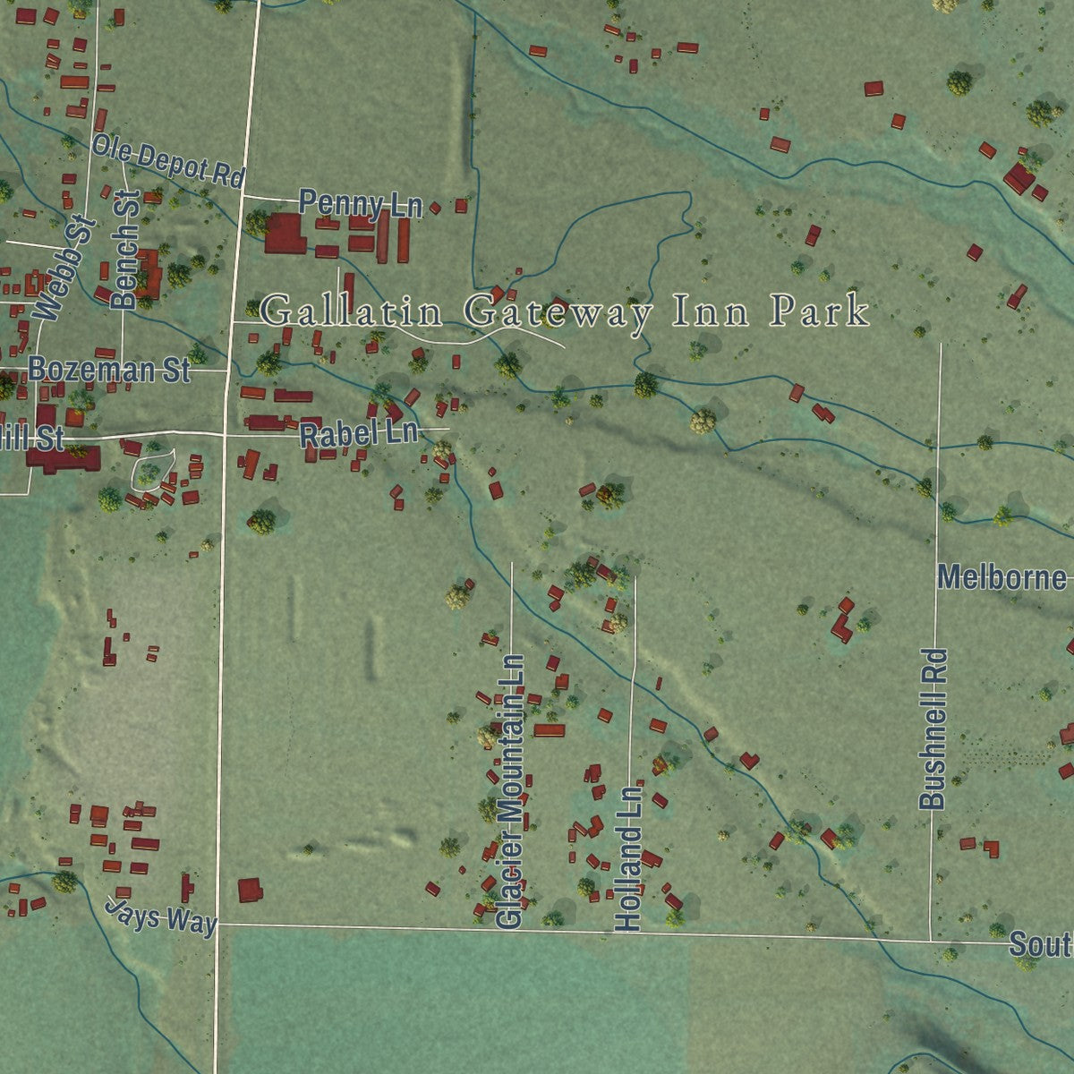 Close-up of the map of Gallatin Gateway, Montana print showing street and building detail