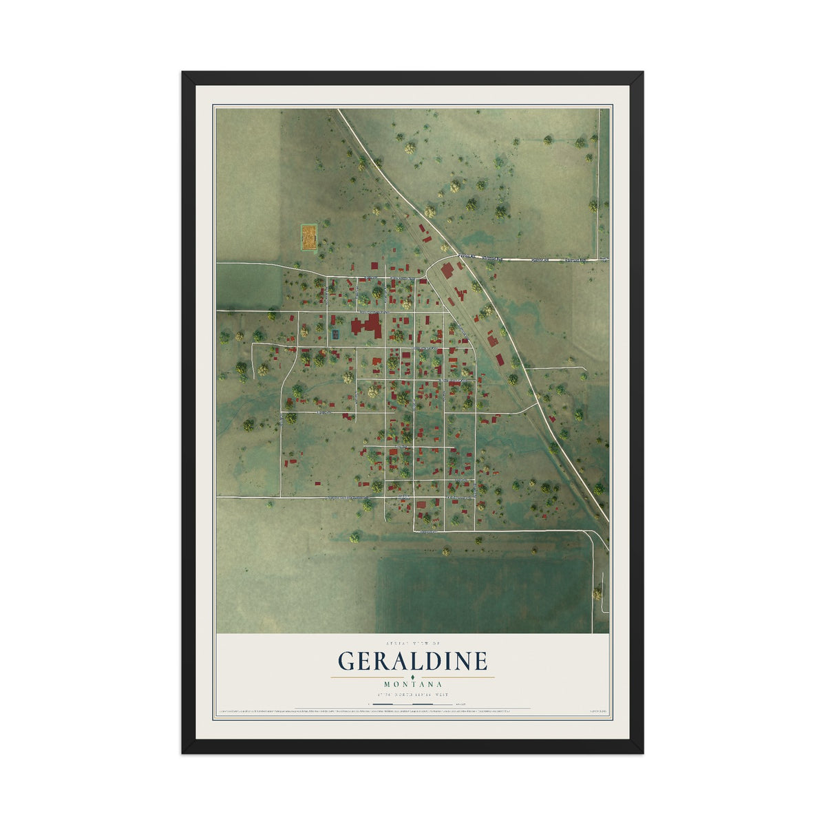 Map of Geraldine, Montana, 12 x 18 inch print in a black wood frame