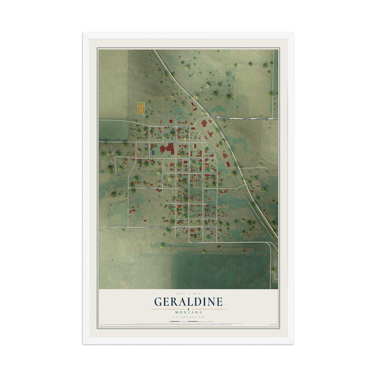 Map of Geraldine, Montana, 12 x 18 inch print in a white wood frame