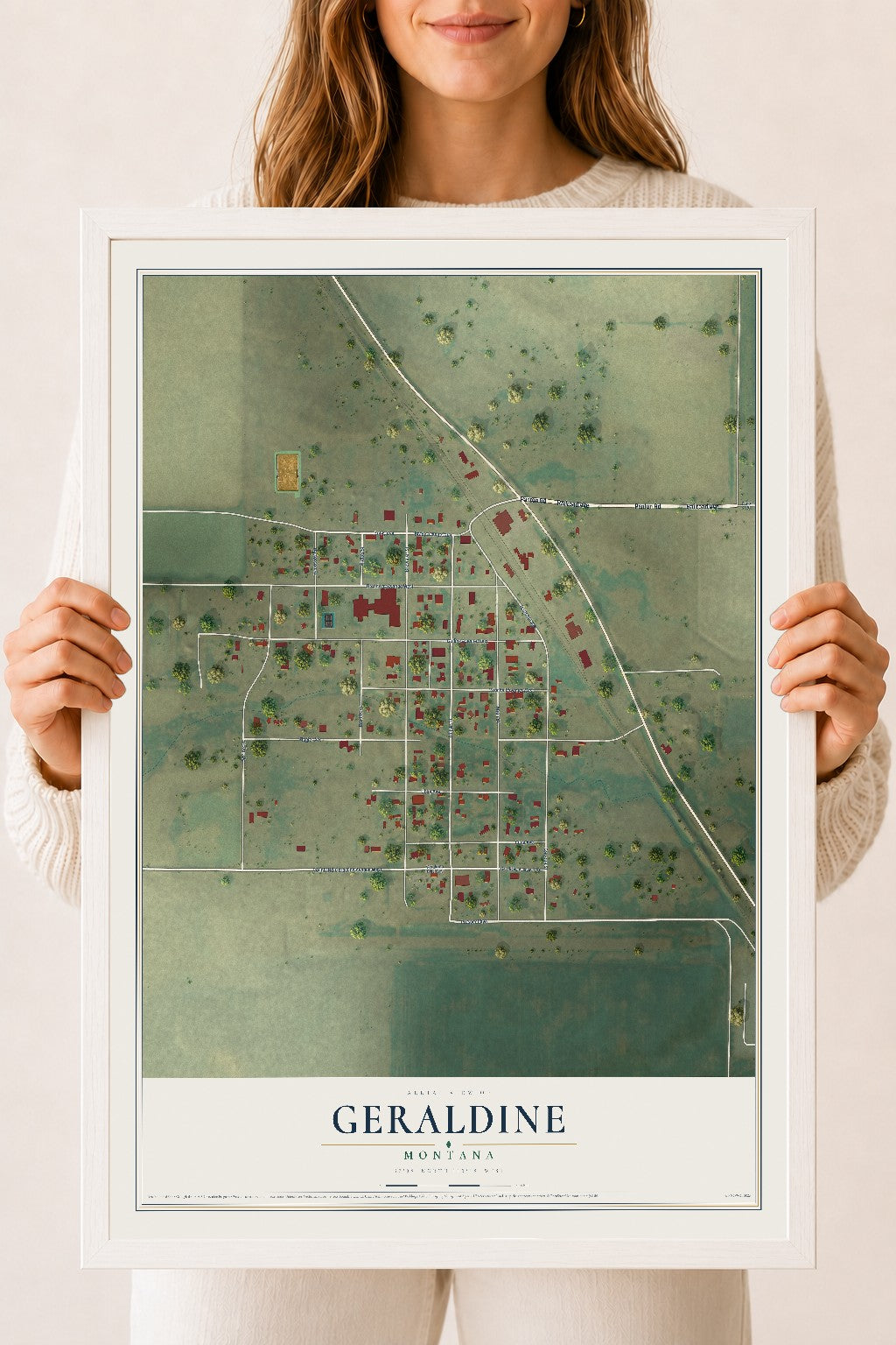 Map of Geraldine, Montana, 18 x 24 inch print in a white wood frame