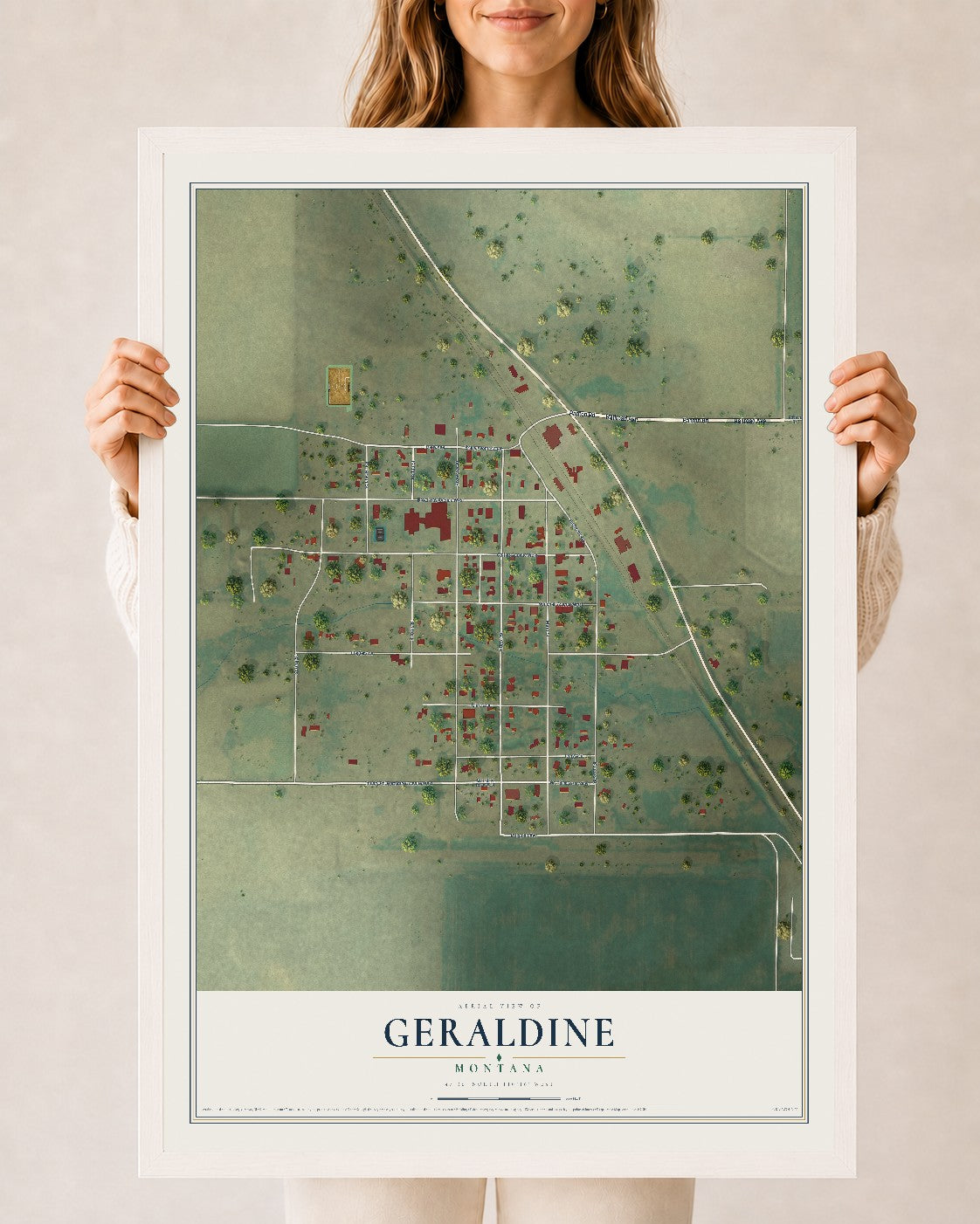 Map of Geraldine, Montana, 24 x 36 inch print in a white wood frame