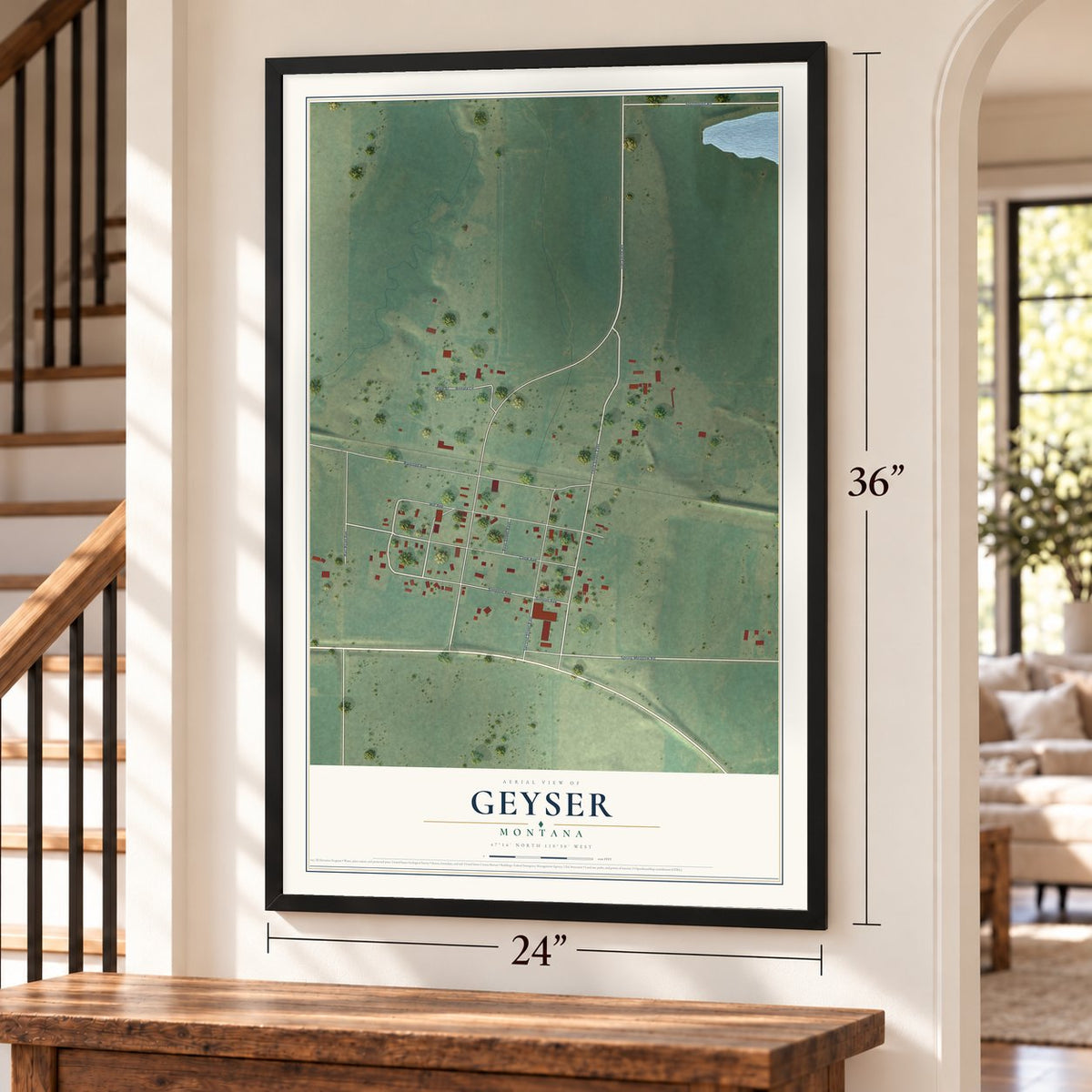 Geyser, Montana map, 24 x 36 inch print in a black frame by a staircase