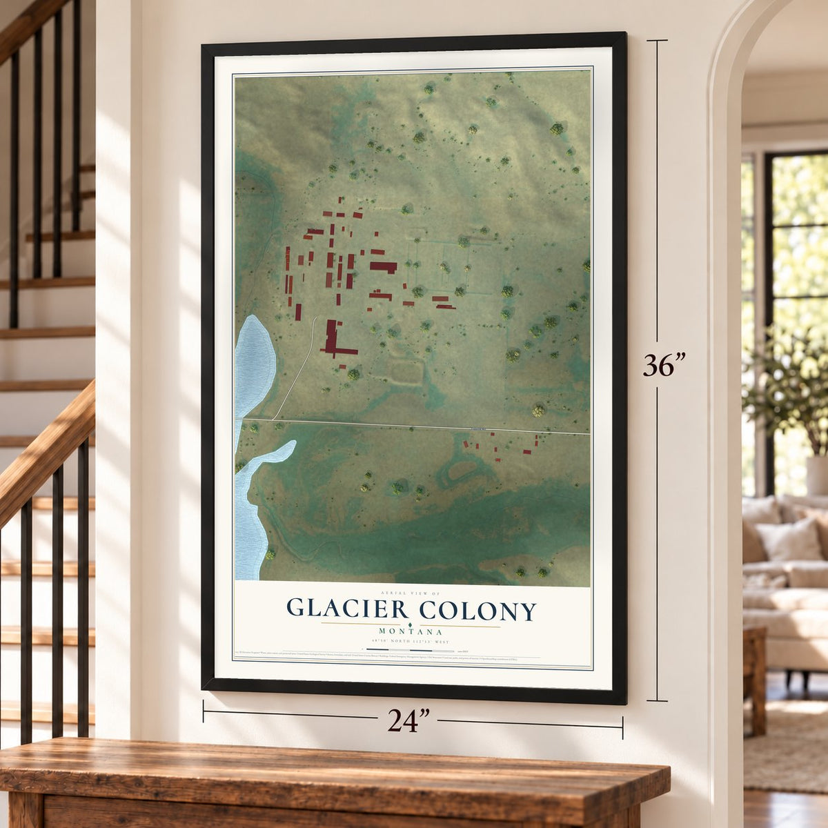 Glacier Colony, Montana map, 24 x 36 inch print in a black frame by a staircase