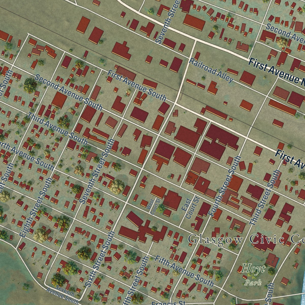 Close-up of the map of Glasgow, Montana print showing street and building detail