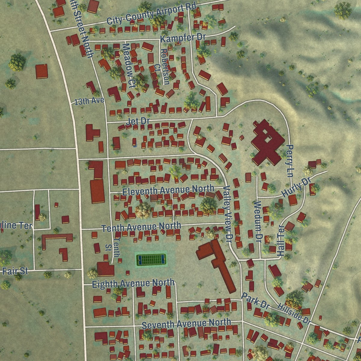 Second close-up of the map of Glasgow, Montana print showing more streets and buildings