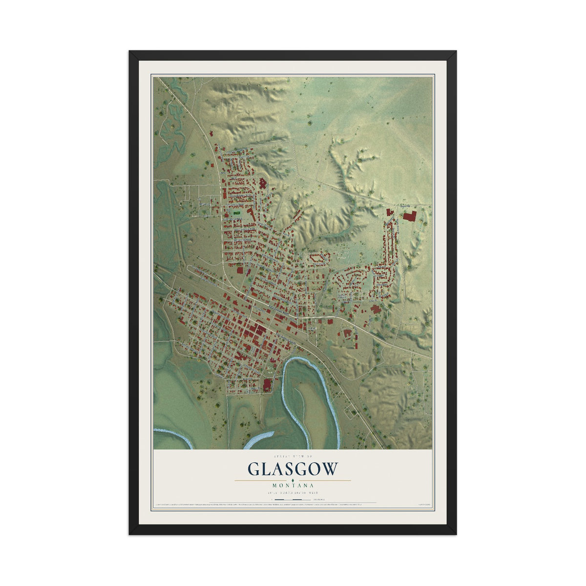 Map of Glasgow, Montana, 12 x 18 inch print in a black wood frame