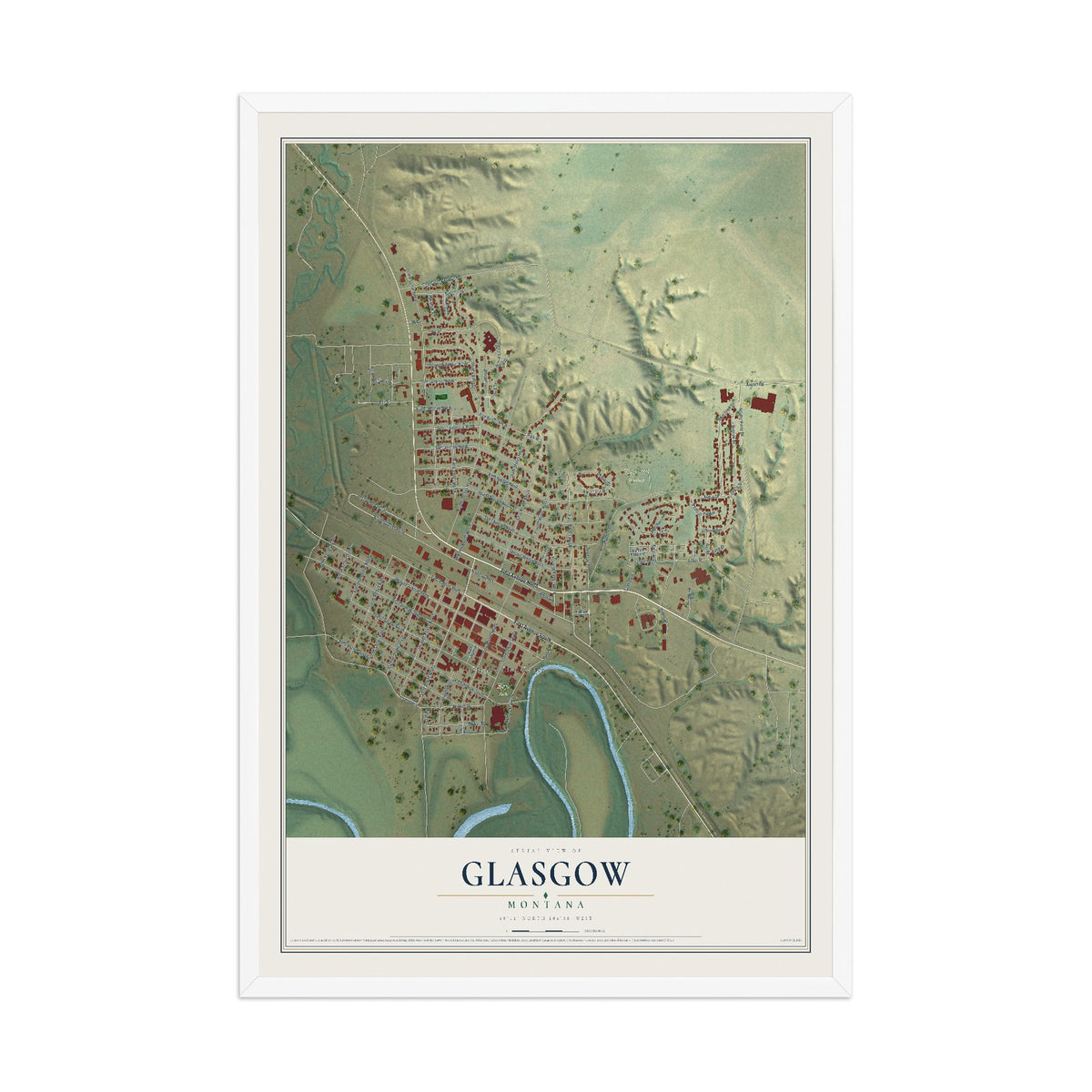 Map of Glasgow, Montana, 12 x 18 inch print in a white wood frame