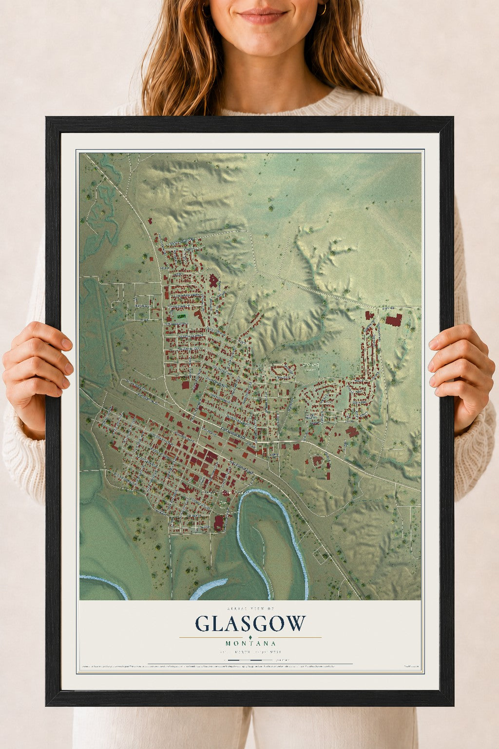 Map of Glasgow, Montana, 18 x 24 inch print in a black wood frame