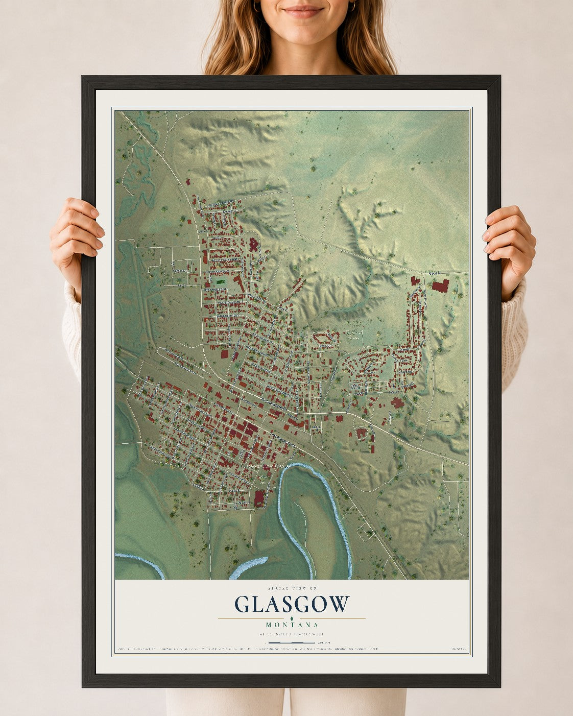 Map of Glasgow, Montana, 24 x 36 inch print in a black wood frame