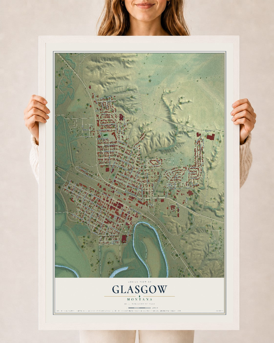 Map of Glasgow, Montana, 24 x 36 inch print in a white wood frame