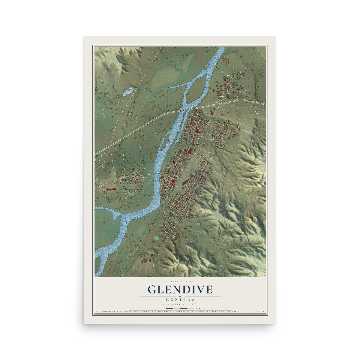 Map of Glendive, Montana, 12 x 18 inch unframed archival matte print