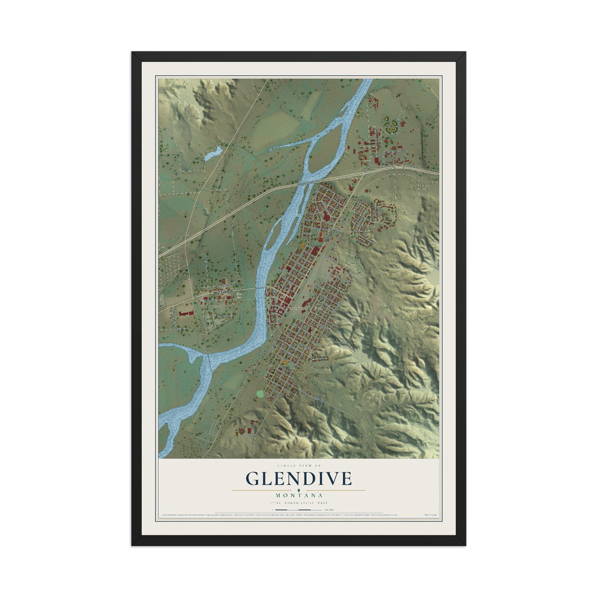 Map of Glendive, Montana, 12 x 18 inch print in a black wood frame