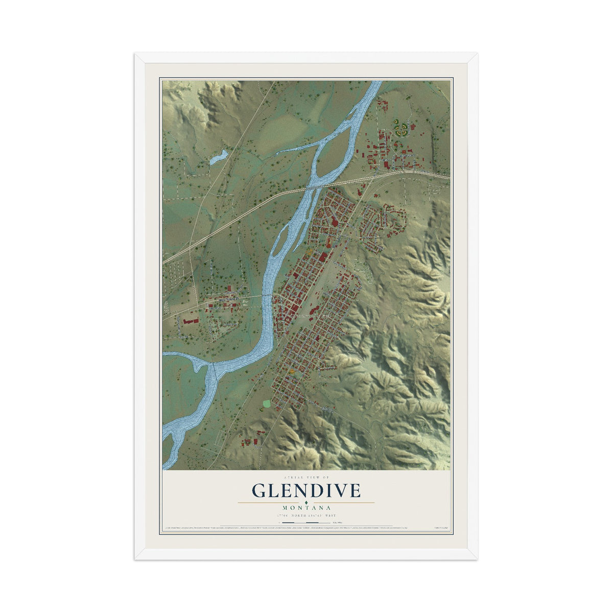 Map of Glendive, Montana, 12 x 18 inch print in a white wood frame