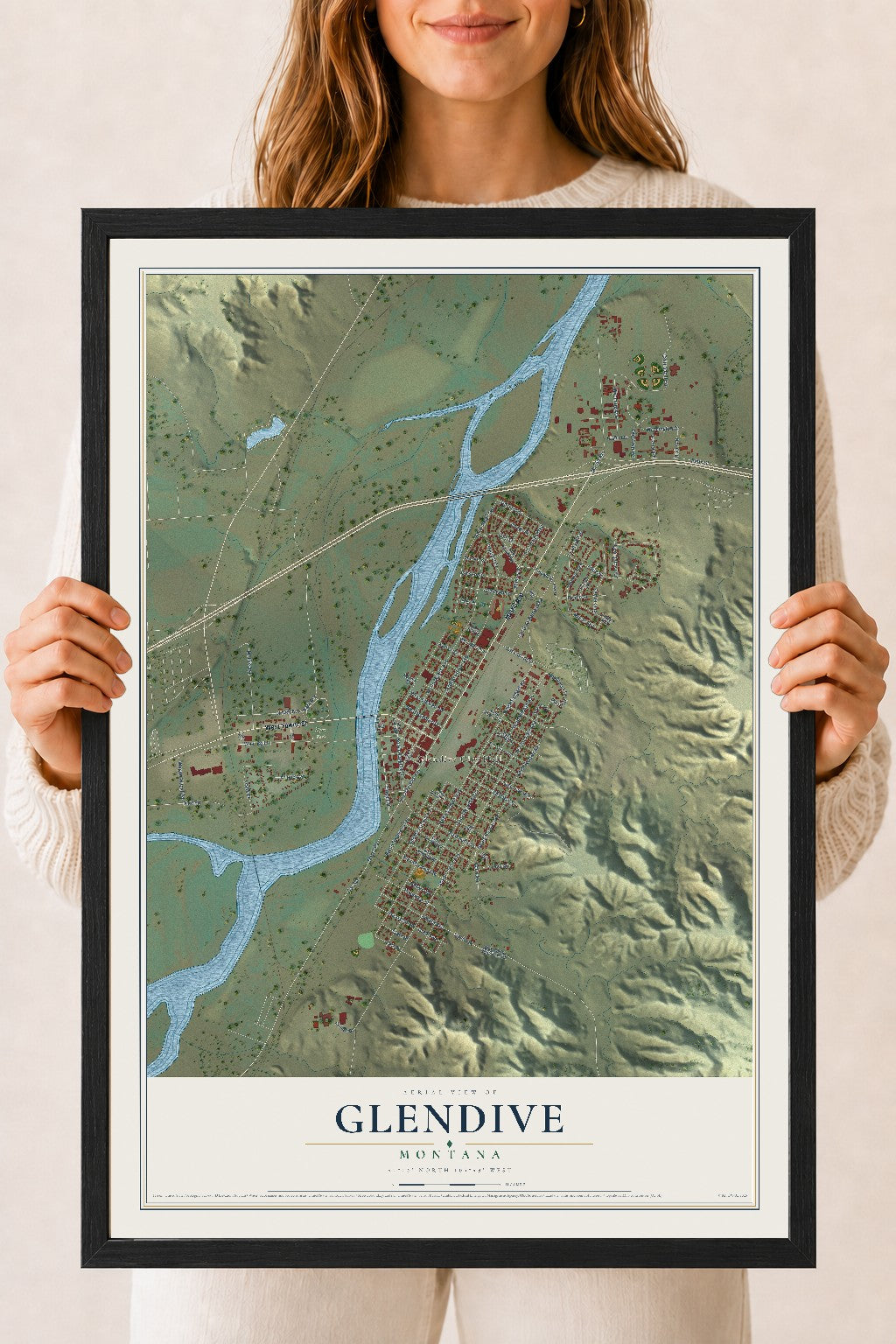 Map of Glendive, Montana, 18 x 24 inch print in a black wood frame