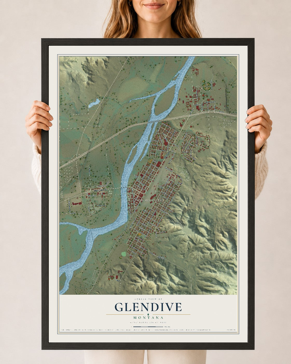 Map of Glendive, Montana, 24 x 36 inch print in a black wood frame