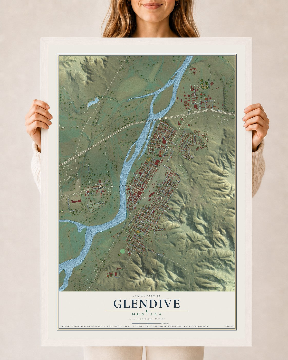 Map of Glendive, Montana, 24 x 36 inch print in a white wood frame