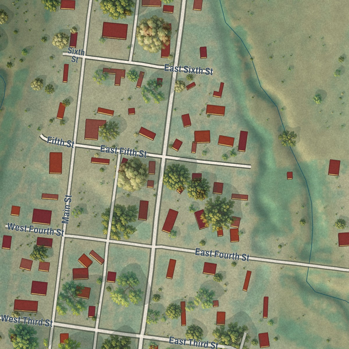 Close-up of the map of Grass Range, Montana print showing street and building detail
