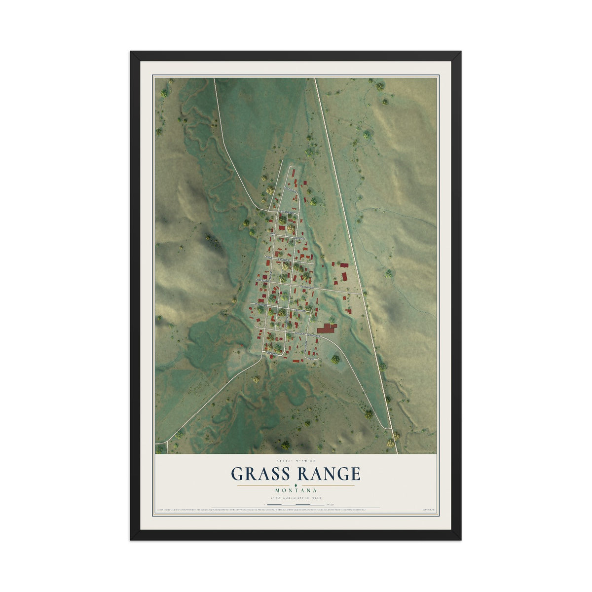 Map of Grass Range, Montana, 12 x 18 inch print in a black wood frame