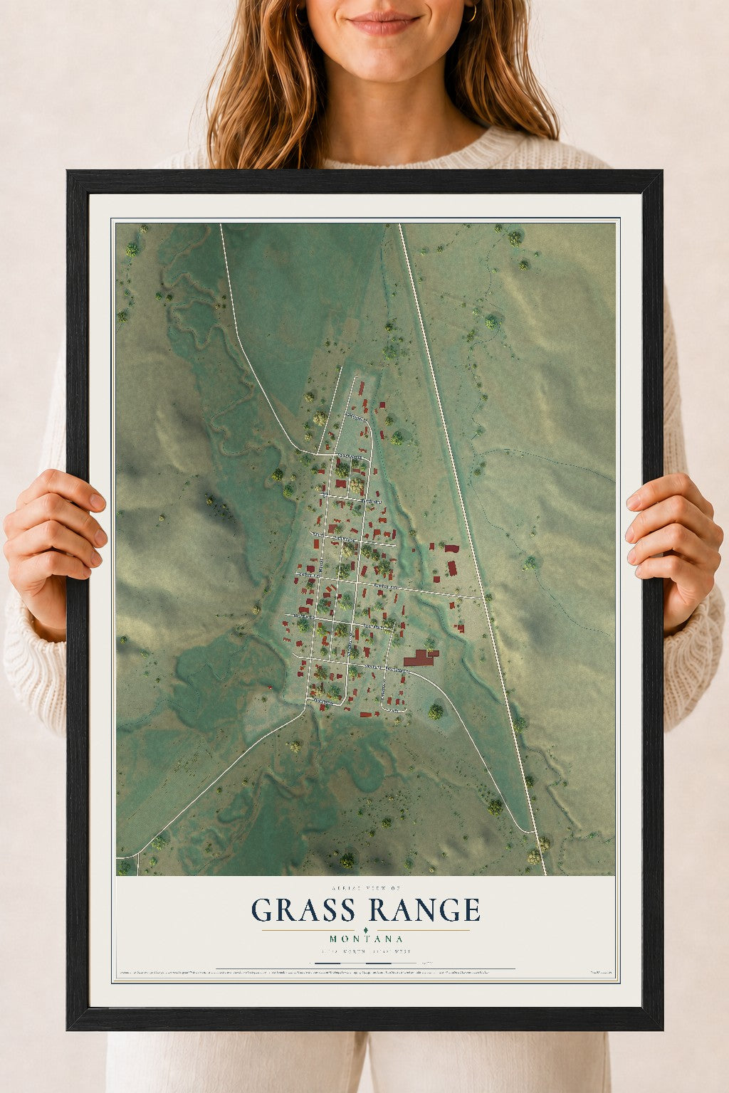 Map of Grass Range, Montana, 18 x 24 inch print in a black wood frame