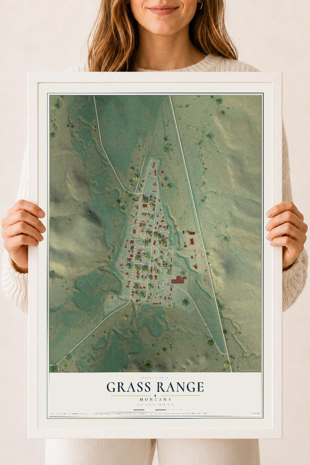 Map of Grass Range, Montana, 18 x 24 inch print in a white wood frame