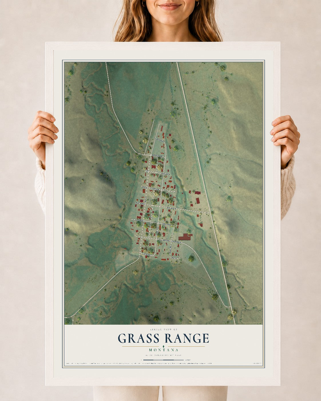 Map of Grass Range, Montana, 24 x 36 inch print in a white wood frame