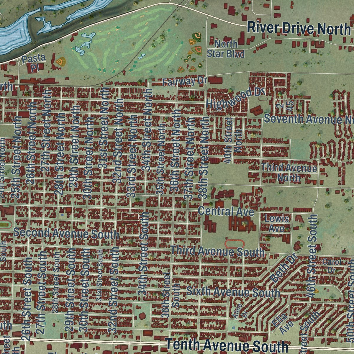 Close-up of the map of Great Falls, Montana print showing street and building detail
