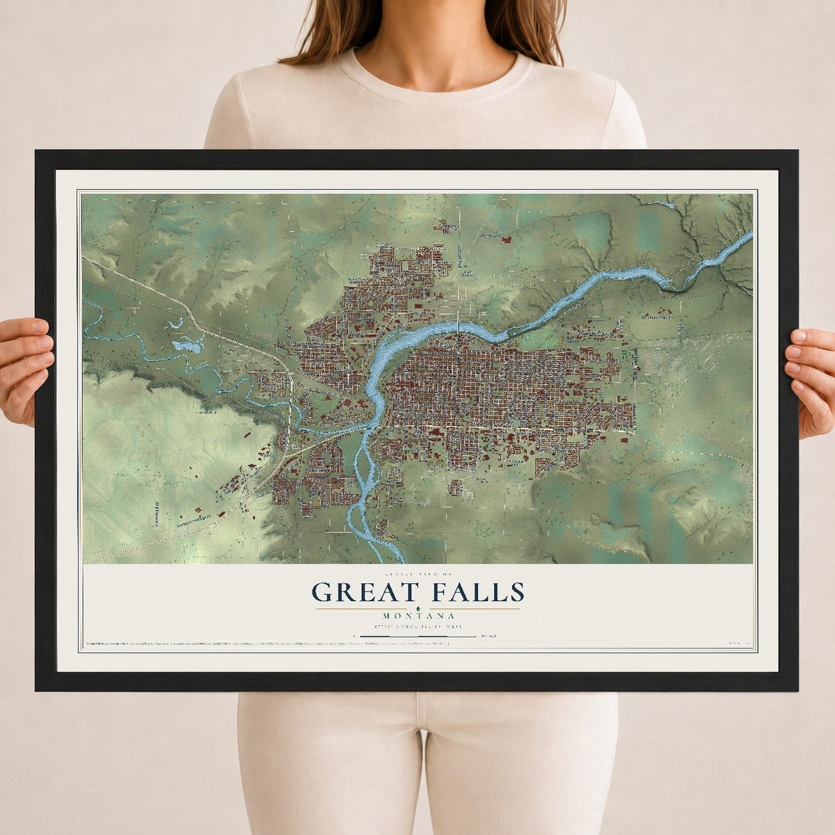 Map of Great Falls, Montana, 18 x 24 inch print in a black wood frame
