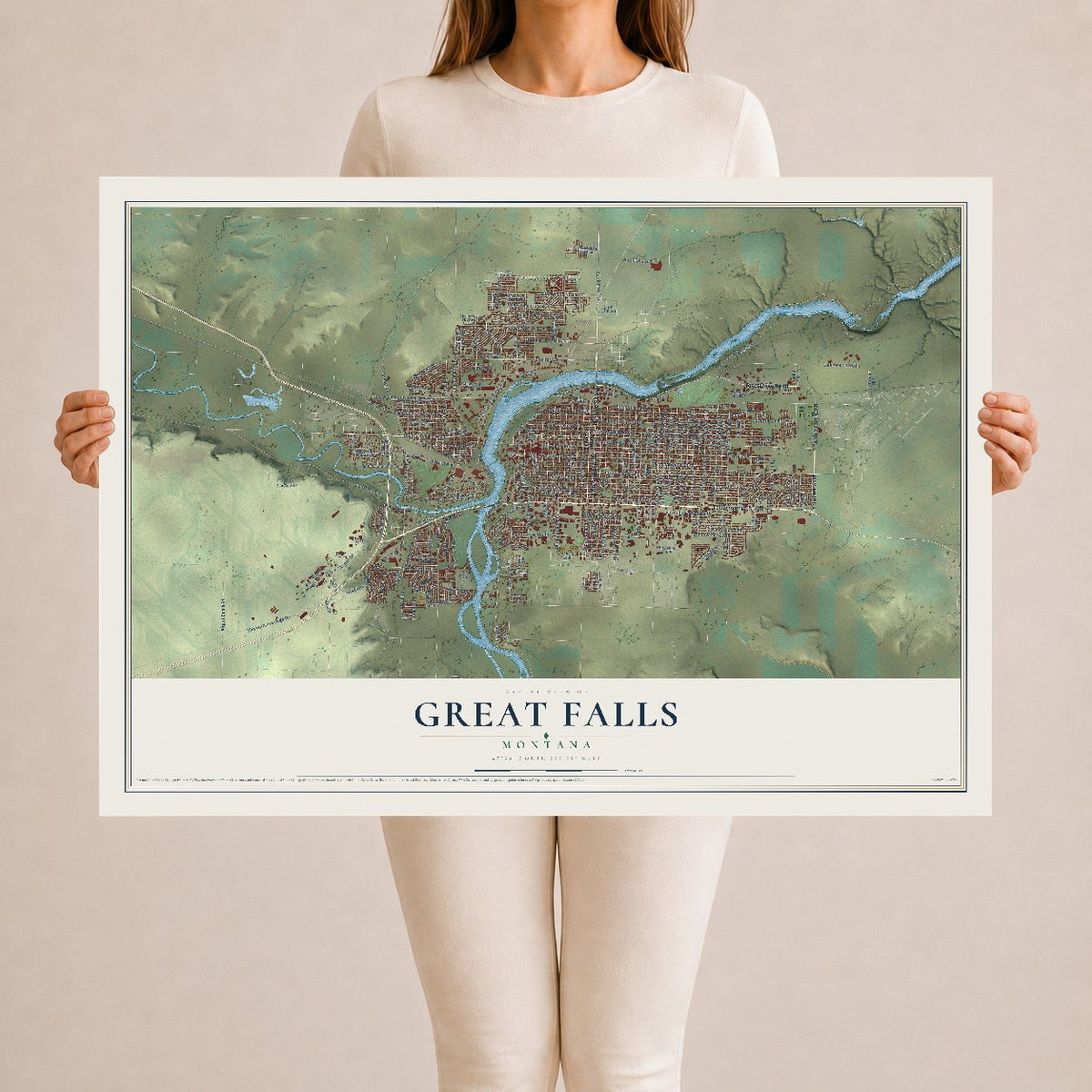 Map of Great Falls, Montana, 24 x 36 inch unframed archival matte print