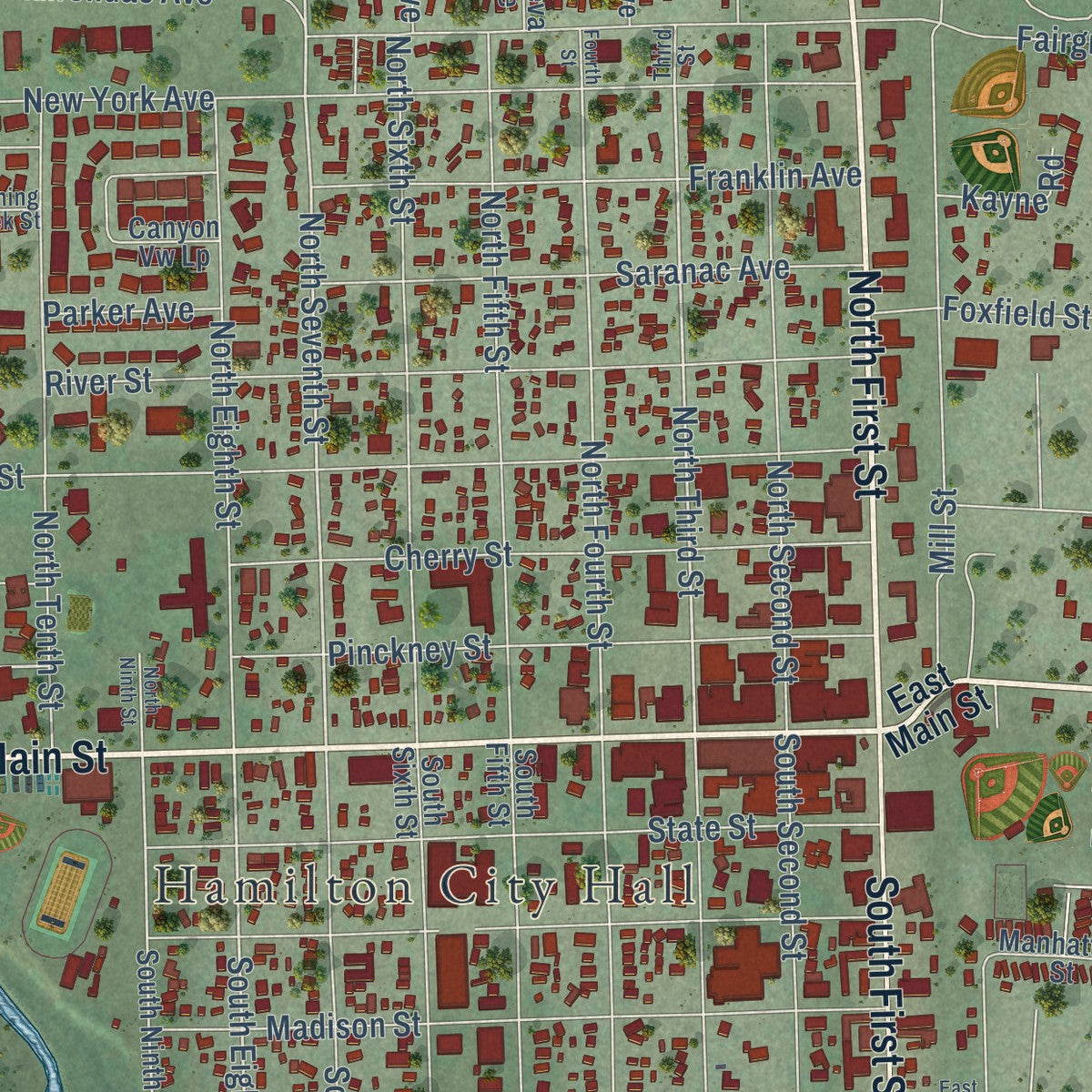 Close-up of the map of Hamilton, Montana print showing street and building detail