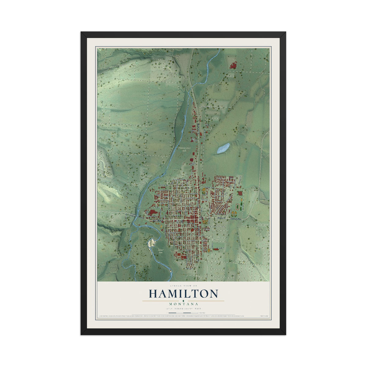 Map of Hamilton, Montana, 12 x 18 inch print in a black wood frame