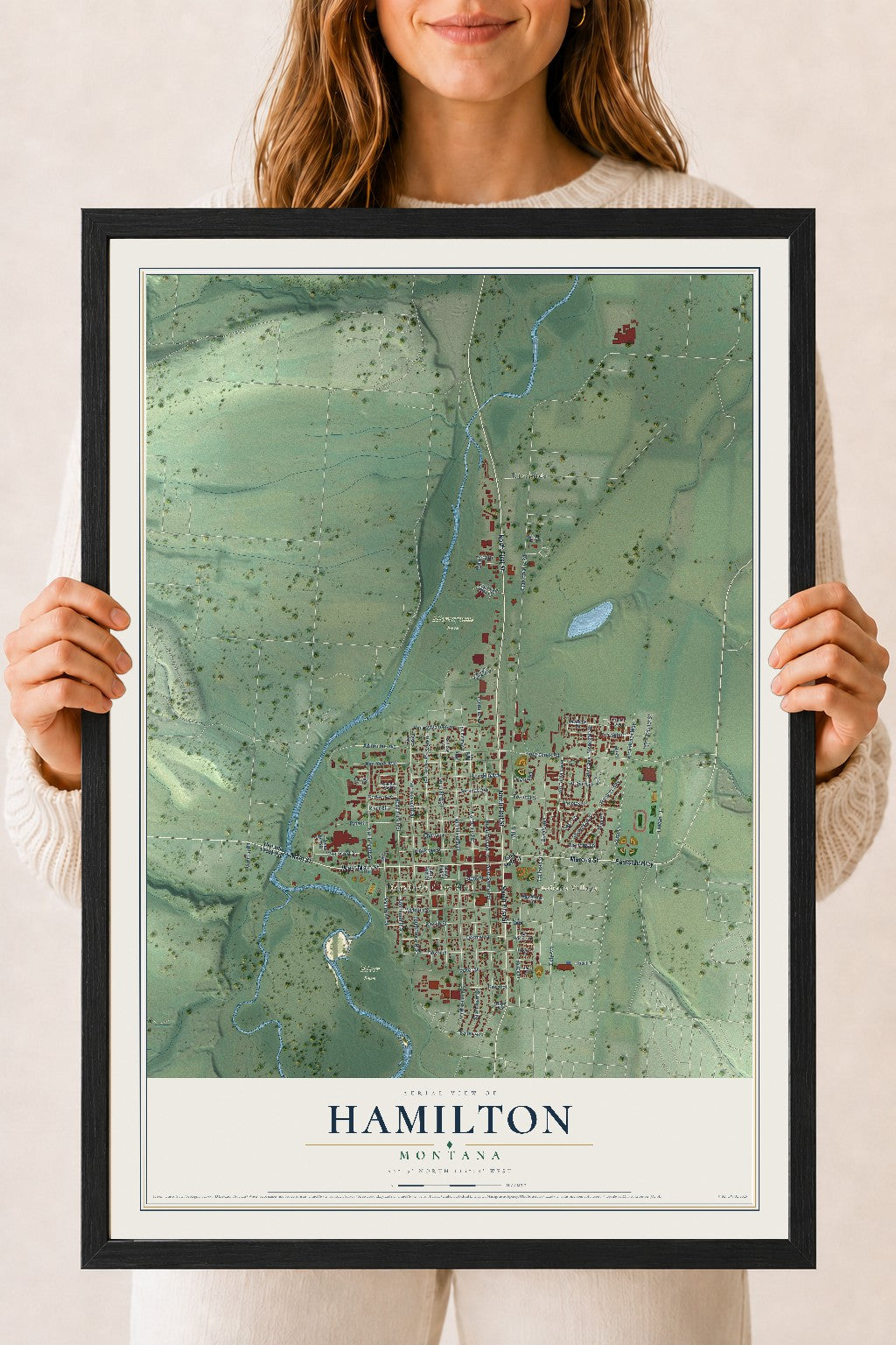 Map of Hamilton, Montana, 18 x 24 inch print in a black wood frame