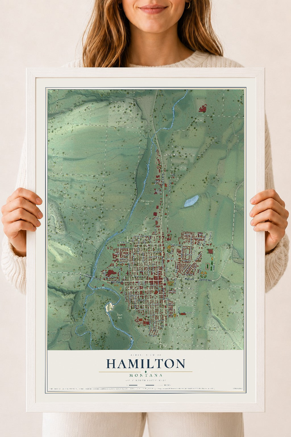 Map of Hamilton, Montana, 18 x 24 inch print in a white wood frame