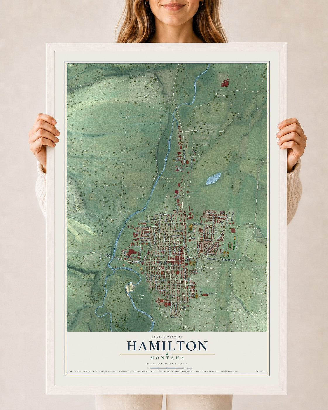 Map of Hamilton, Montana, 24 x 36 inch print in a white wood frame