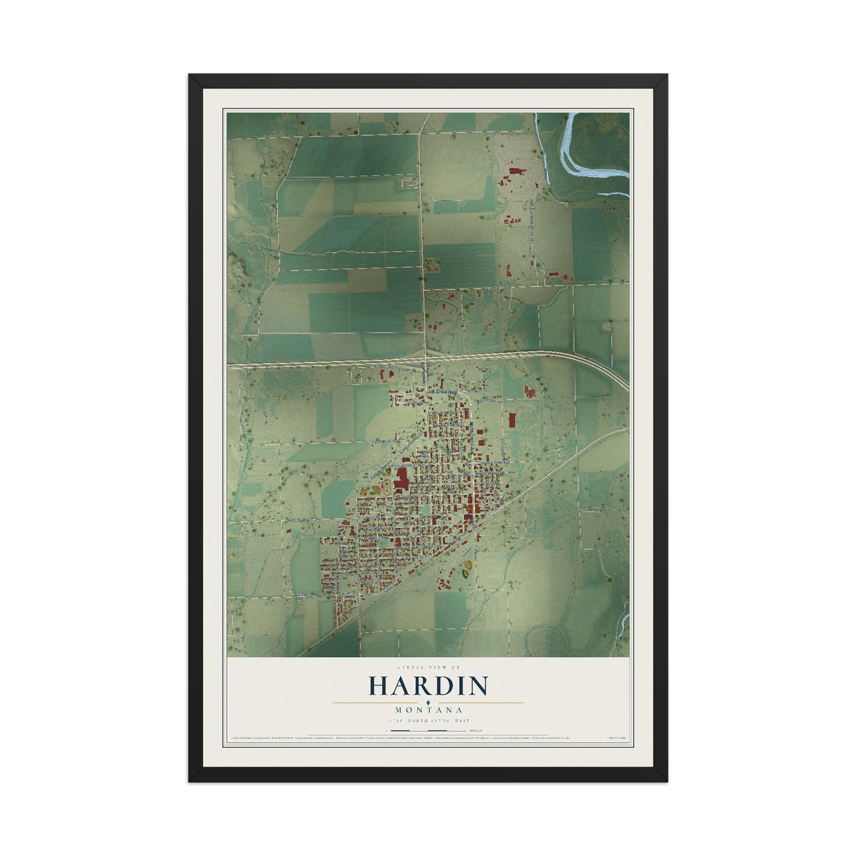Map of Hardin, Montana, 12 x 18 inch print in a black wood frame
