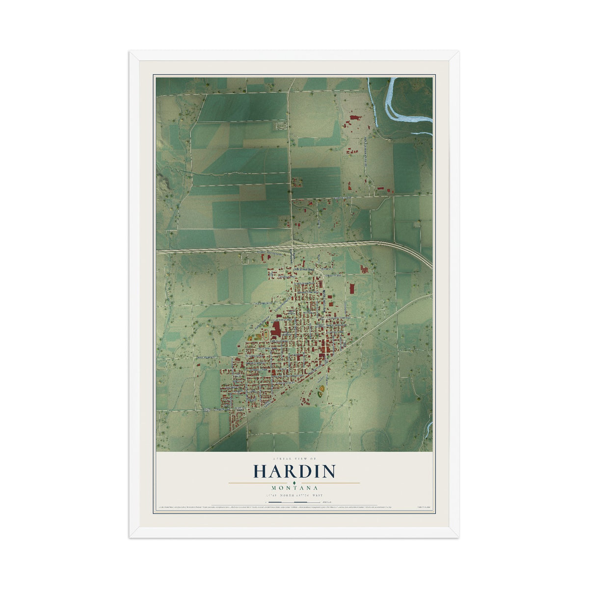 Map of Hardin, Montana, 12 x 18 inch print in a white wood frame