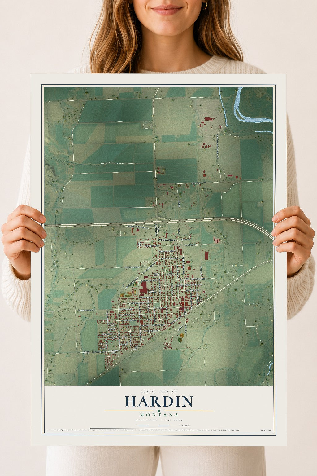 Map of Hardin, Montana, 18 x 24 inch unframed archival matte print