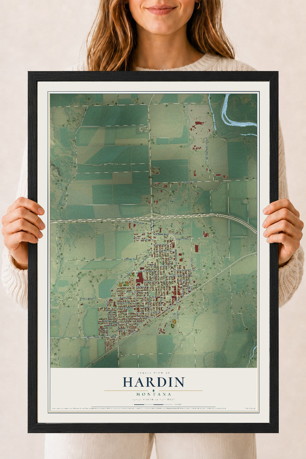 Map of Hardin, Montana, 18 x 24 inch print in a black wood frame