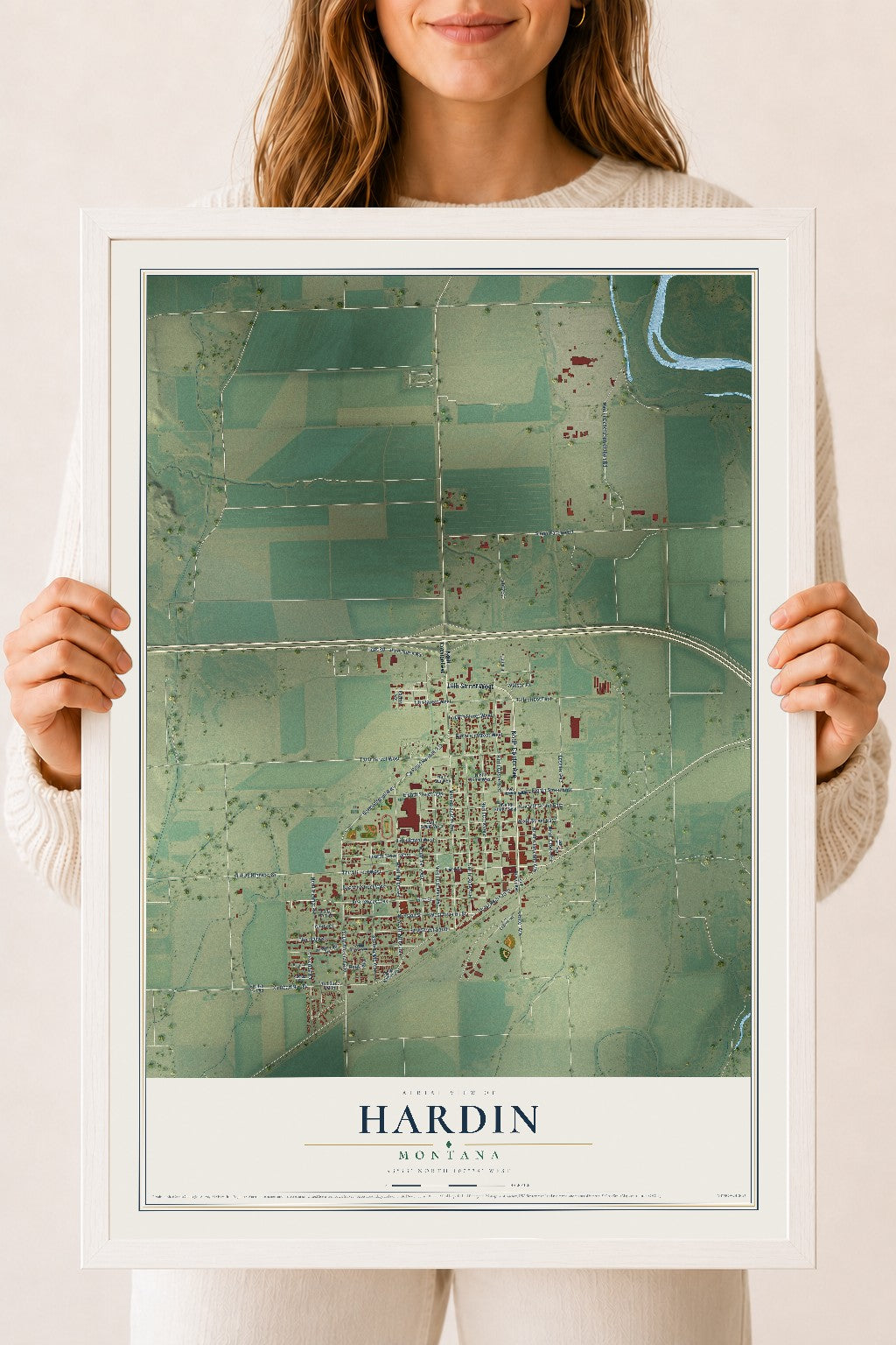 Map of Hardin, Montana, 18 x 24 inch print in a white wood frame