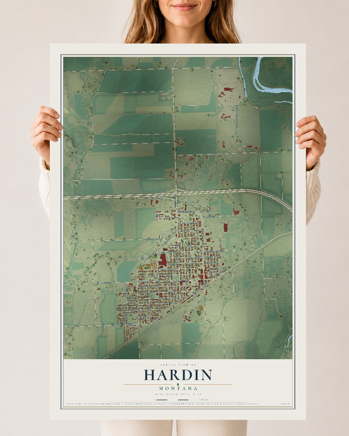 Map of Hardin, Montana, 24 x 36 inch unframed archival matte print