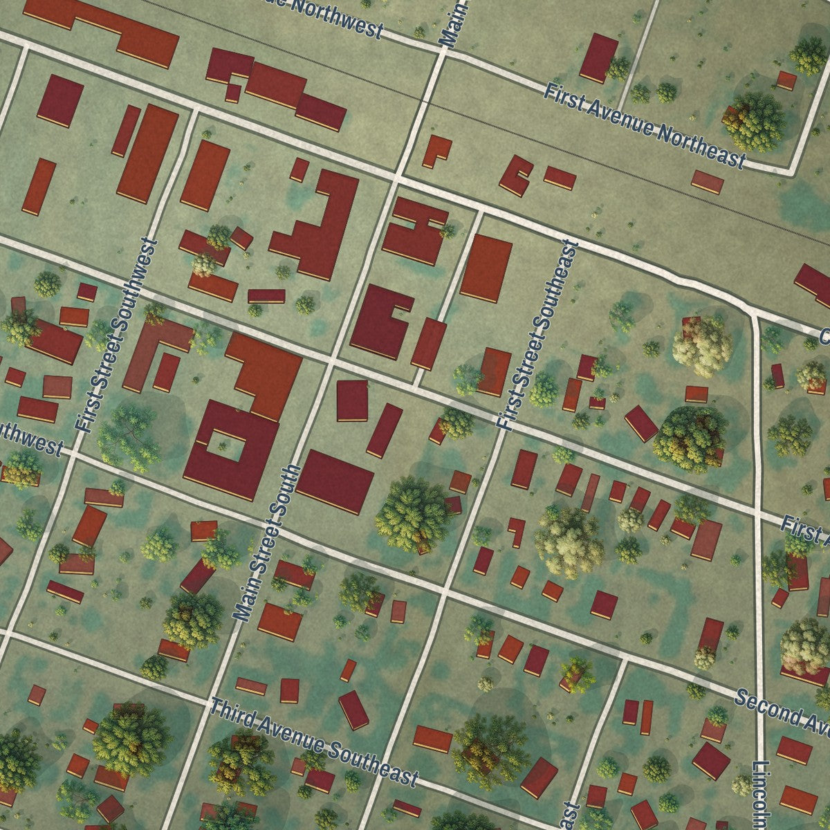 Close-up of the map of Harlem, Montana print showing street and building detail