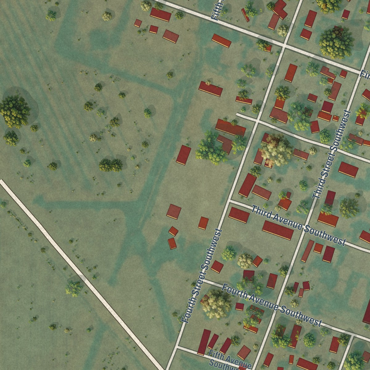 Second close-up of the map of Harlem, Montana print showing more streets and buildings