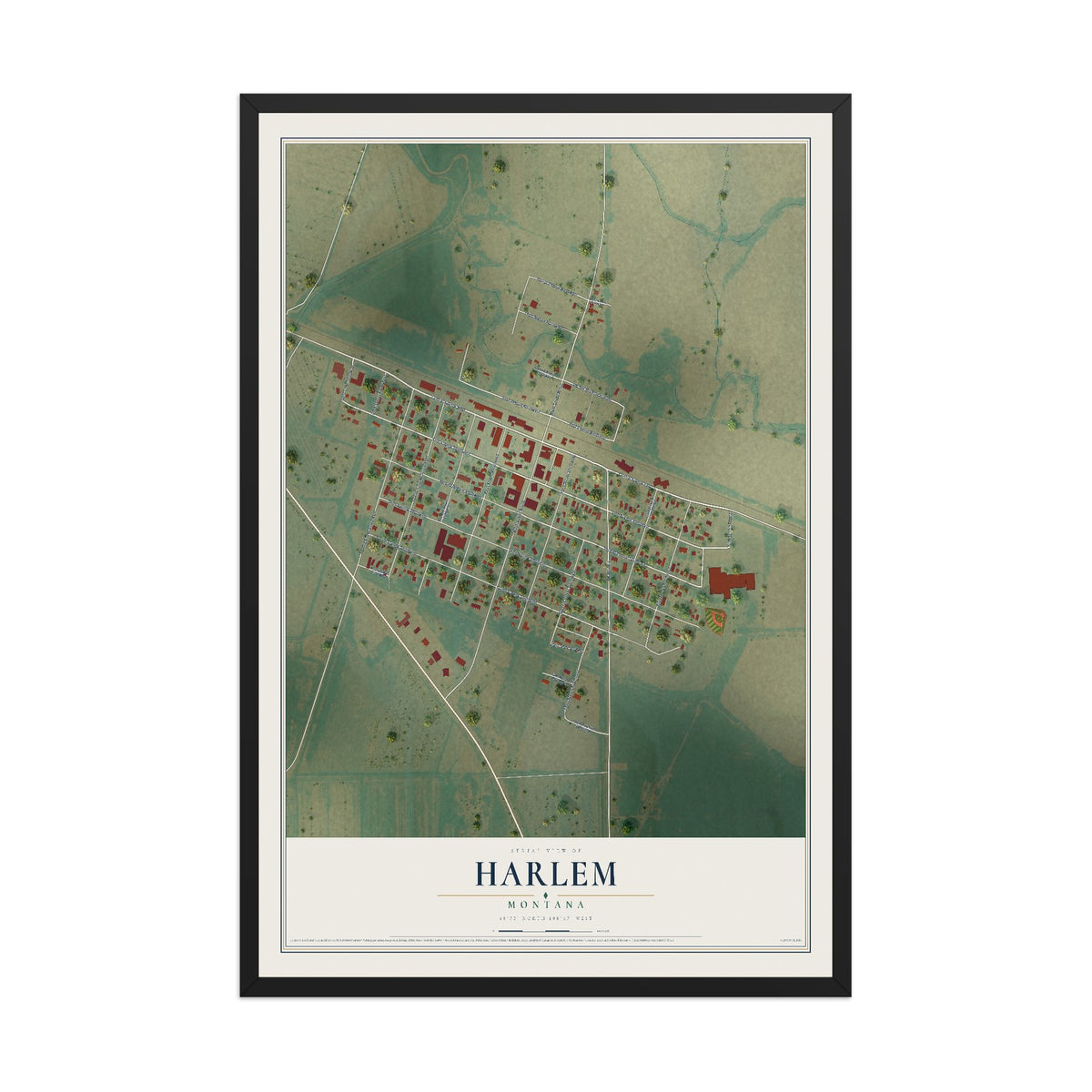 Map of Harlem, Montana, 12 x 18 inch print in a black wood frame