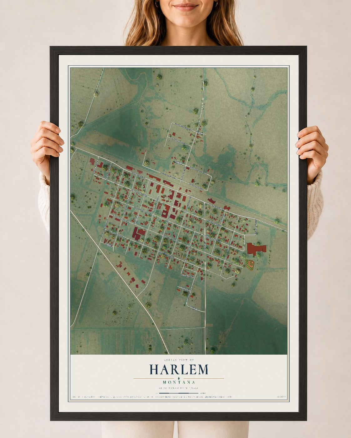Map of Harlem, Montana, 24 x 36 inch print in a black wood frame