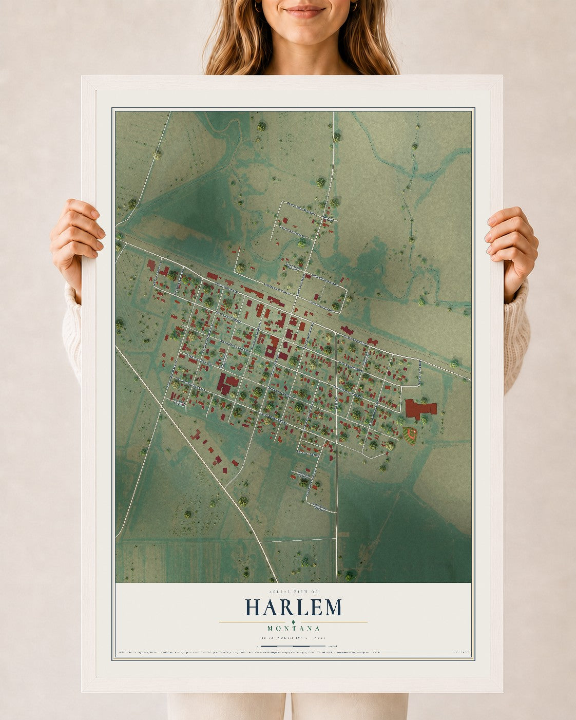 Map of Harlem, Montana, 24 x 36 inch print in a white wood frame
