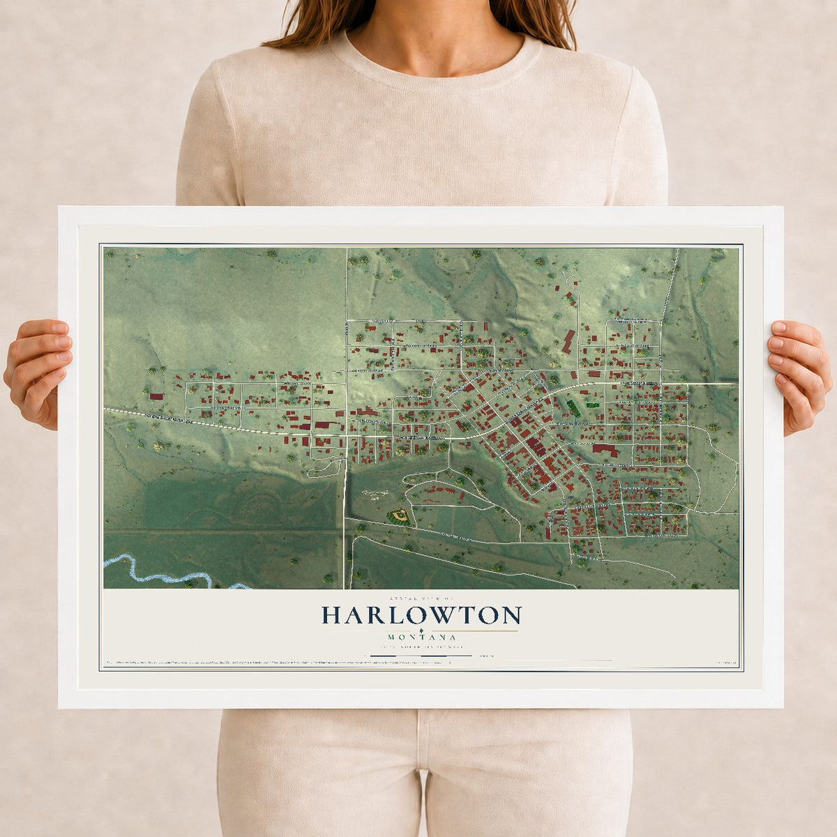 Map of Harlowton, Montana, 12 x 18 inch print in a white wood frame