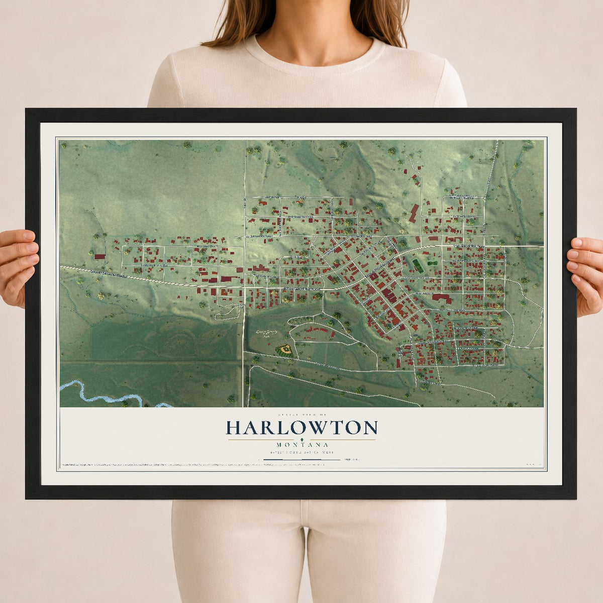 Map of Harlowton, Montana, 18 x 24 inch print in a black wood frame
