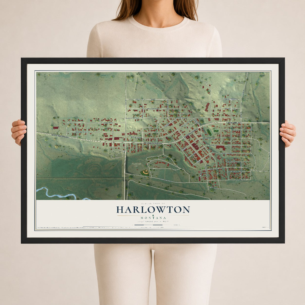 Map of Harlowton, Montana, 24 x 36 inch print in a black wood frame