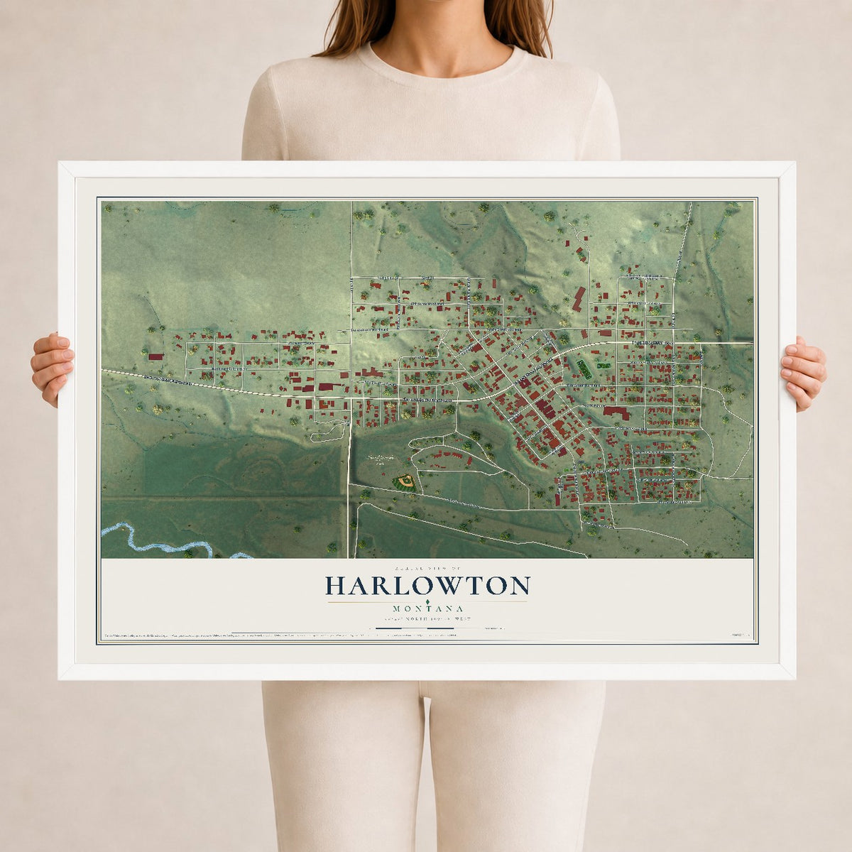 Map of Harlowton, Montana, 24 x 36 inch print in a white wood frame