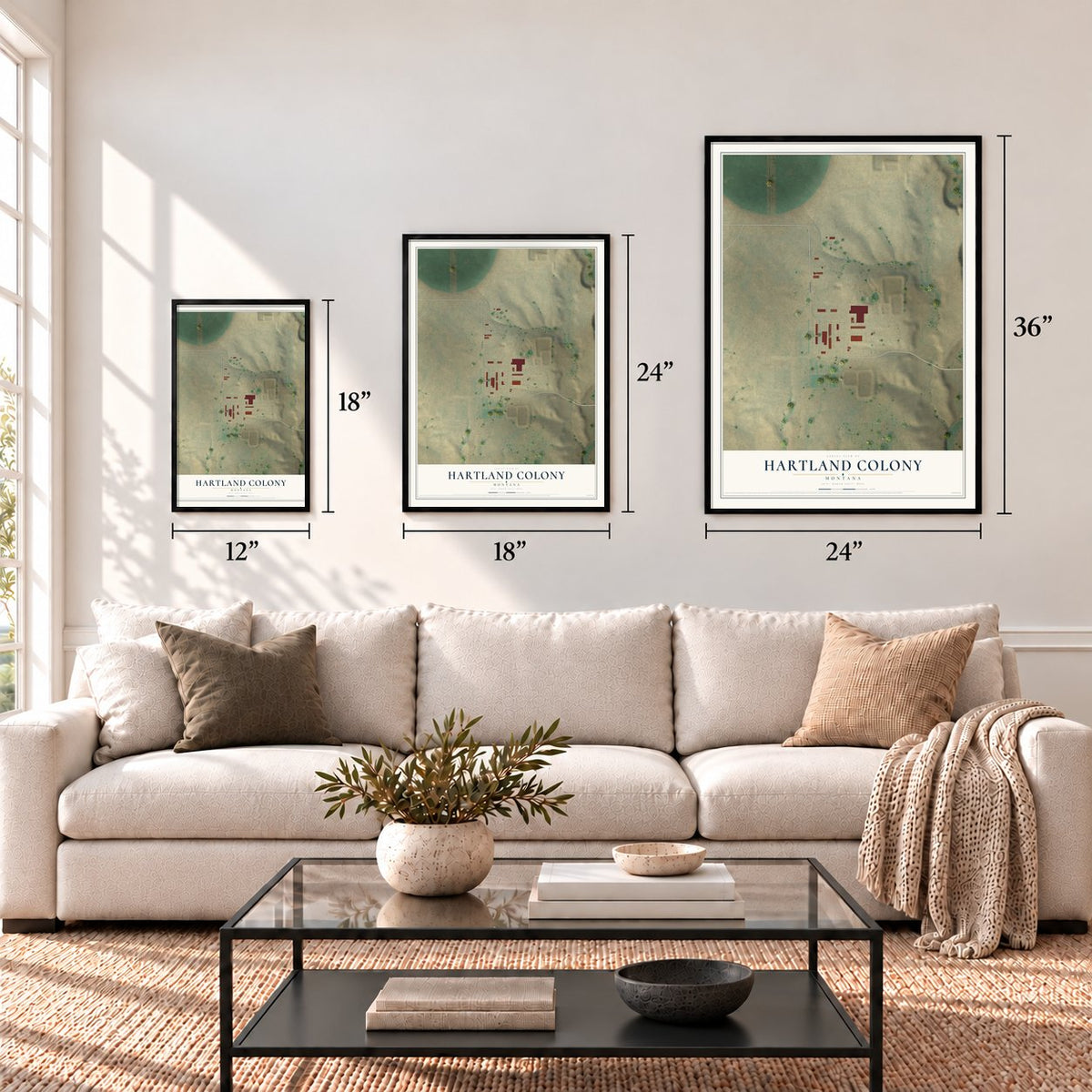 Hartland Colony, Montana map in 12 x 18, 18 x 24 and 24 x 36 inch sizes above a sofa