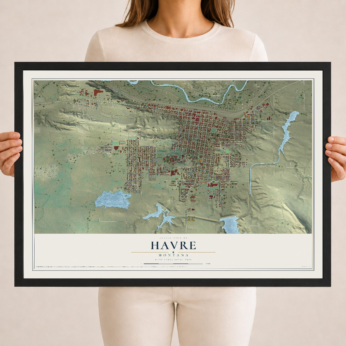 Map of Havre, Montana, 18 x 24 inch print in a black wood frame